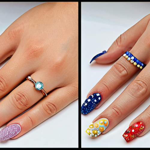 Home 4 **
A split image. On one side, intricately designed nails with bright colors, glitter, and tiny gems – showcasing "Nail Art." On the other side, a hand gently applying moisturizer to clean, neatly trimmed nails – representing "Nail Care." The image should clearly differentiate between the two concepts.
**
