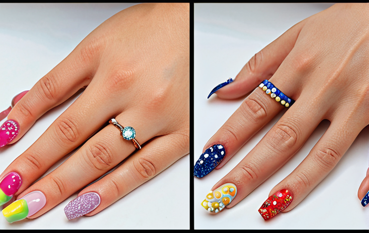 **

A split image. On one side, intricately designed nails with bright colors, glitter, and tiny gems – showcasing "Nail Art." On the other side, a hand gently applying moisturizer to clean, neatly trimmed nails – representing "Nail Care." The image should clearly differentiate between the two concepts.

**